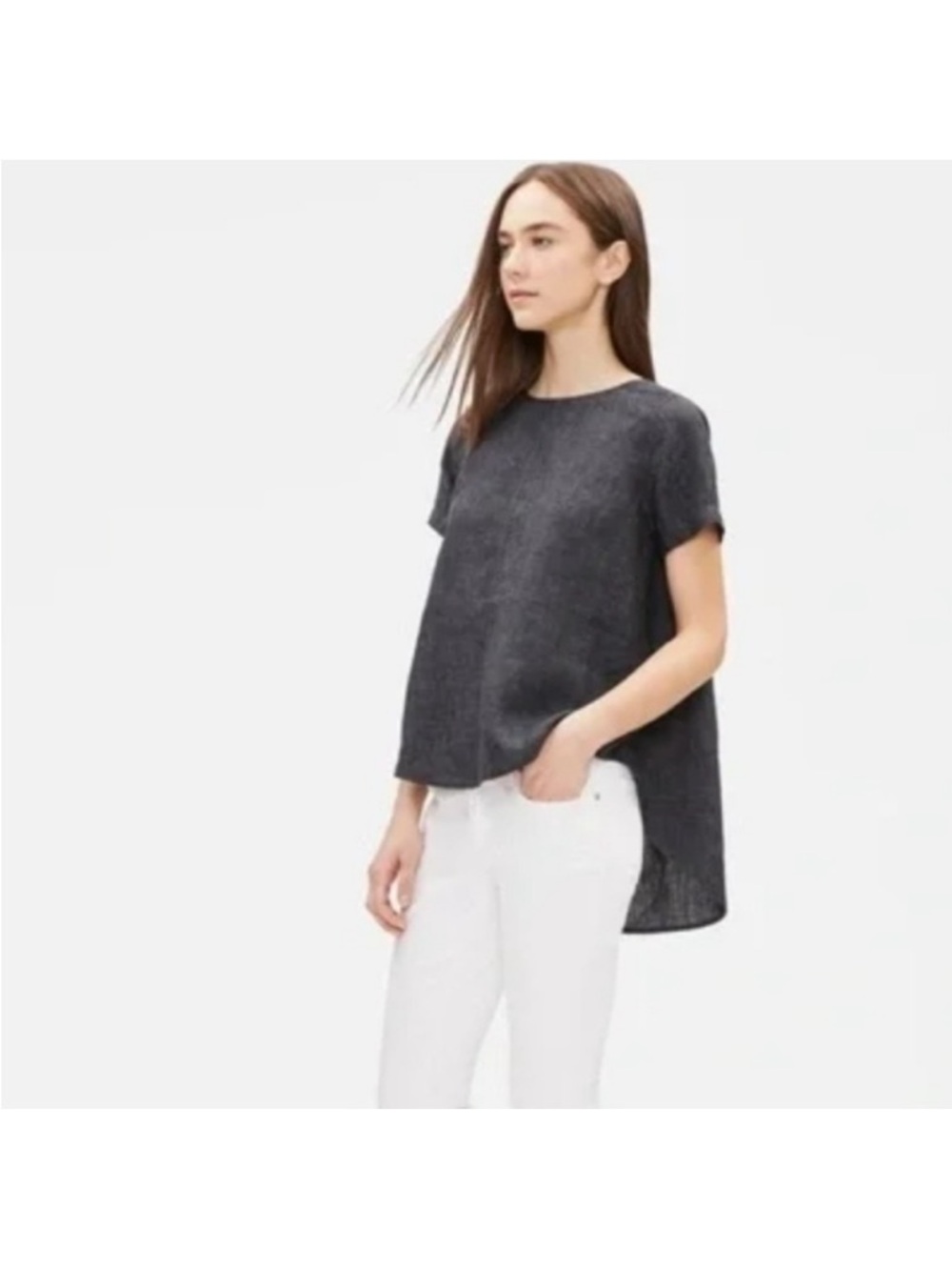 Eileen Fisher Organic Linen High-Low Denim Blue Top - PM - EUC!